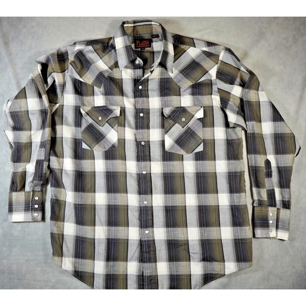 Plains Western‎ Wear Shirt Mens Large L Green Plaid Pearl Snap Cowboy Rockabilly